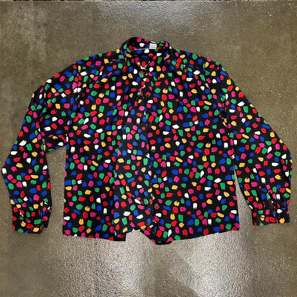 Vintage 70s Abstract Art Fitted Long Sleeve Women's Large Polyester Top Blouse
